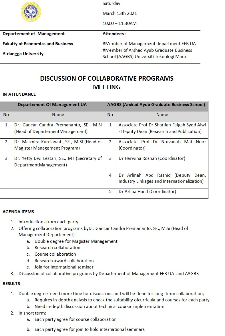 Minute of Meeting diskusi Departemen Manajemen FEB Unair dan AAGBS UiTM 1