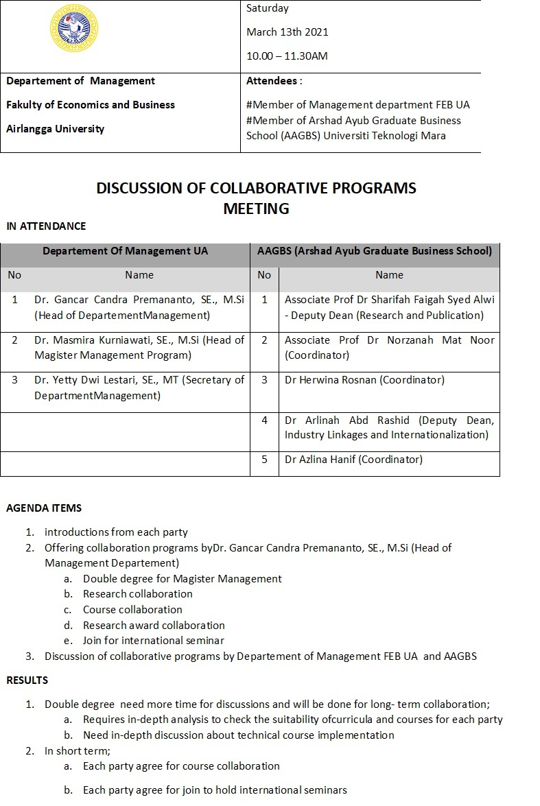 Minute of Meeting diskusi Departemen Manajemen FEB Unair dan AAGBS UiTM 1