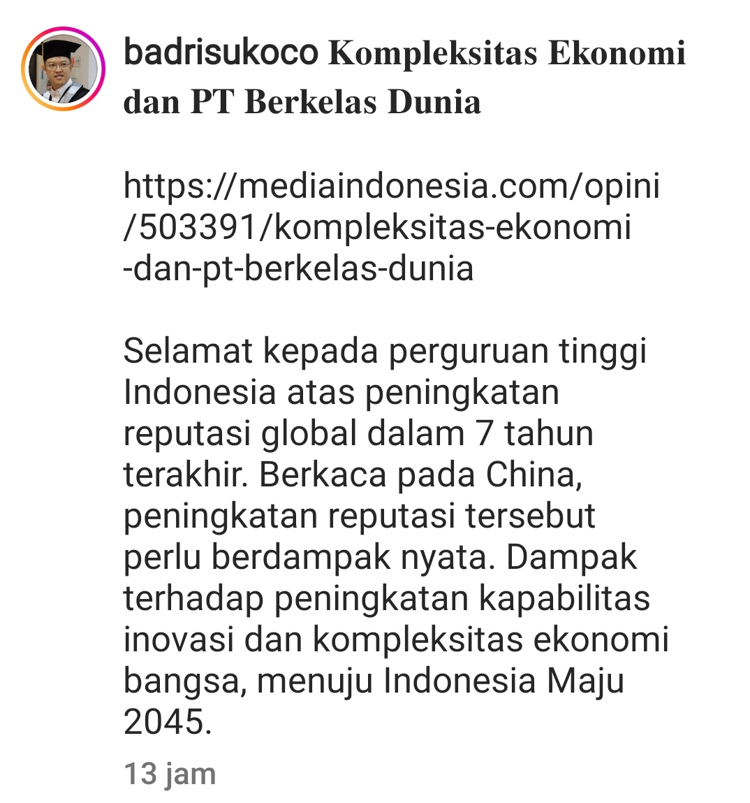 Opini Prof Badri Kompleksitas Ekonomi PT berkelas dunia 2