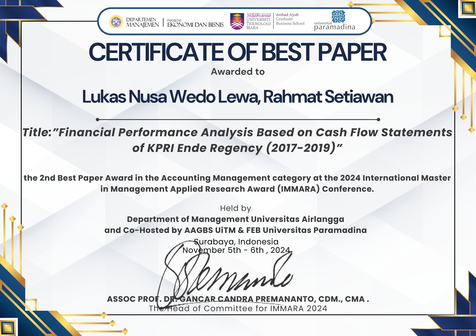 Sertifikat Best Paper Lukas Nusa WL Rahmat Setiawan