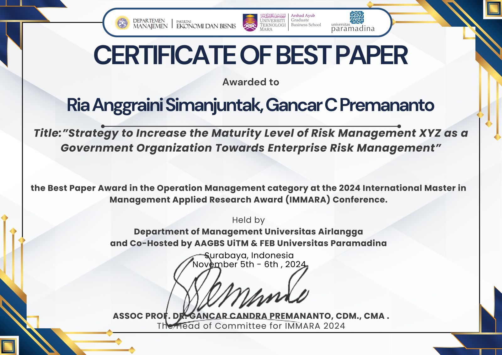 Sertifikat Best Paper Ria Anggraini S Gancar CP